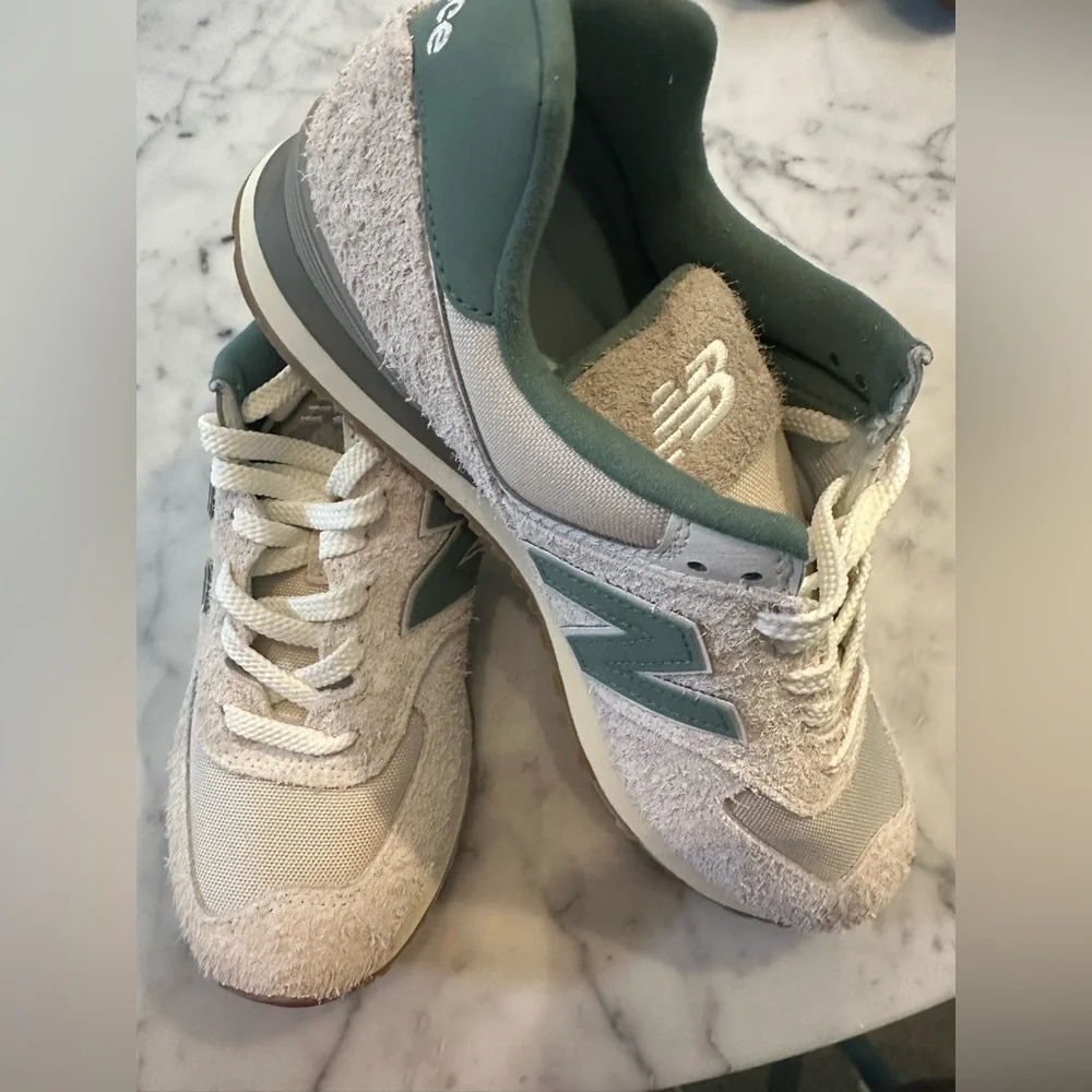 New Balance 574 Cream and Green Retro Runner Sneakers